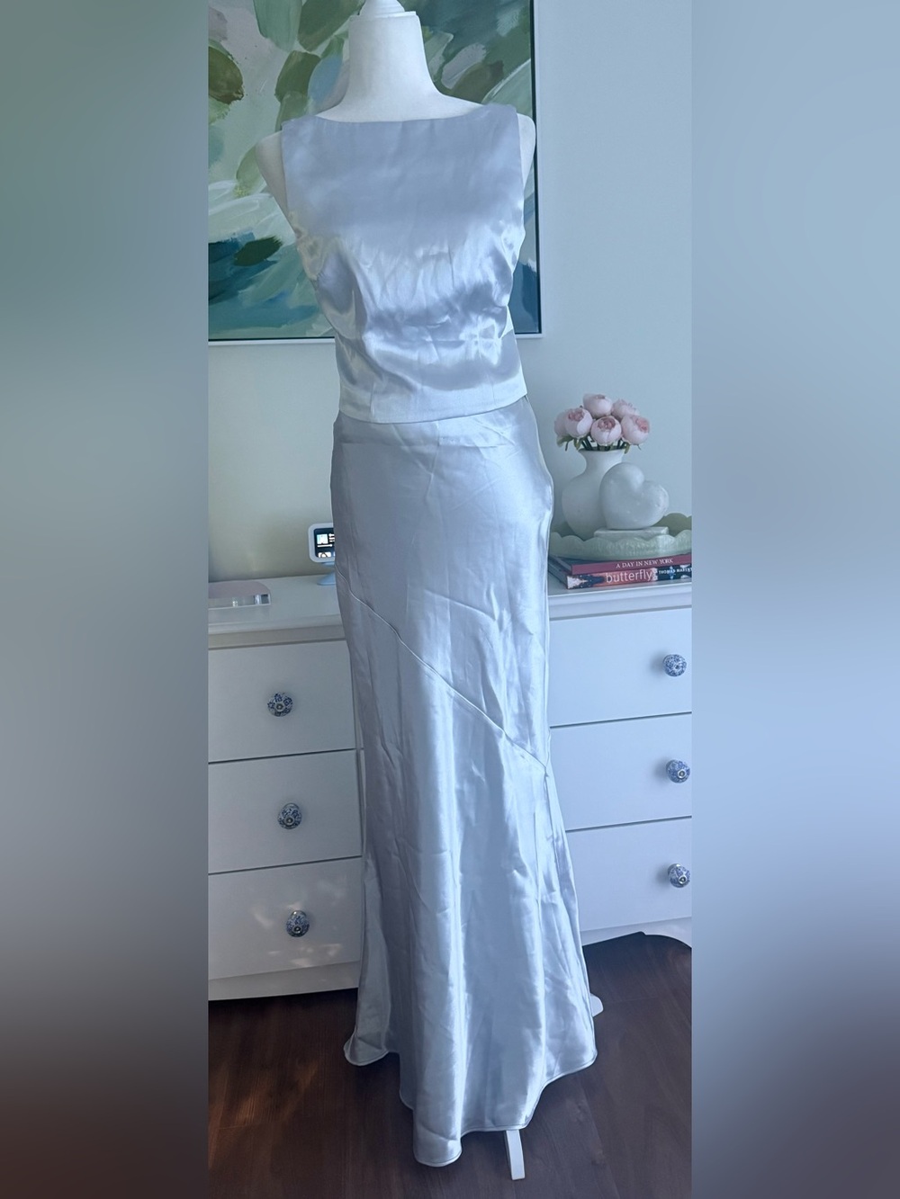 LPA Silver Satin Slip Maxi Skirt and Top Set